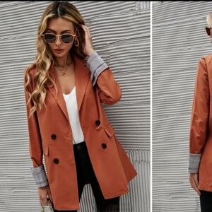 Shein Blazer Burnt Orange with Plaid Cuffs Size Large